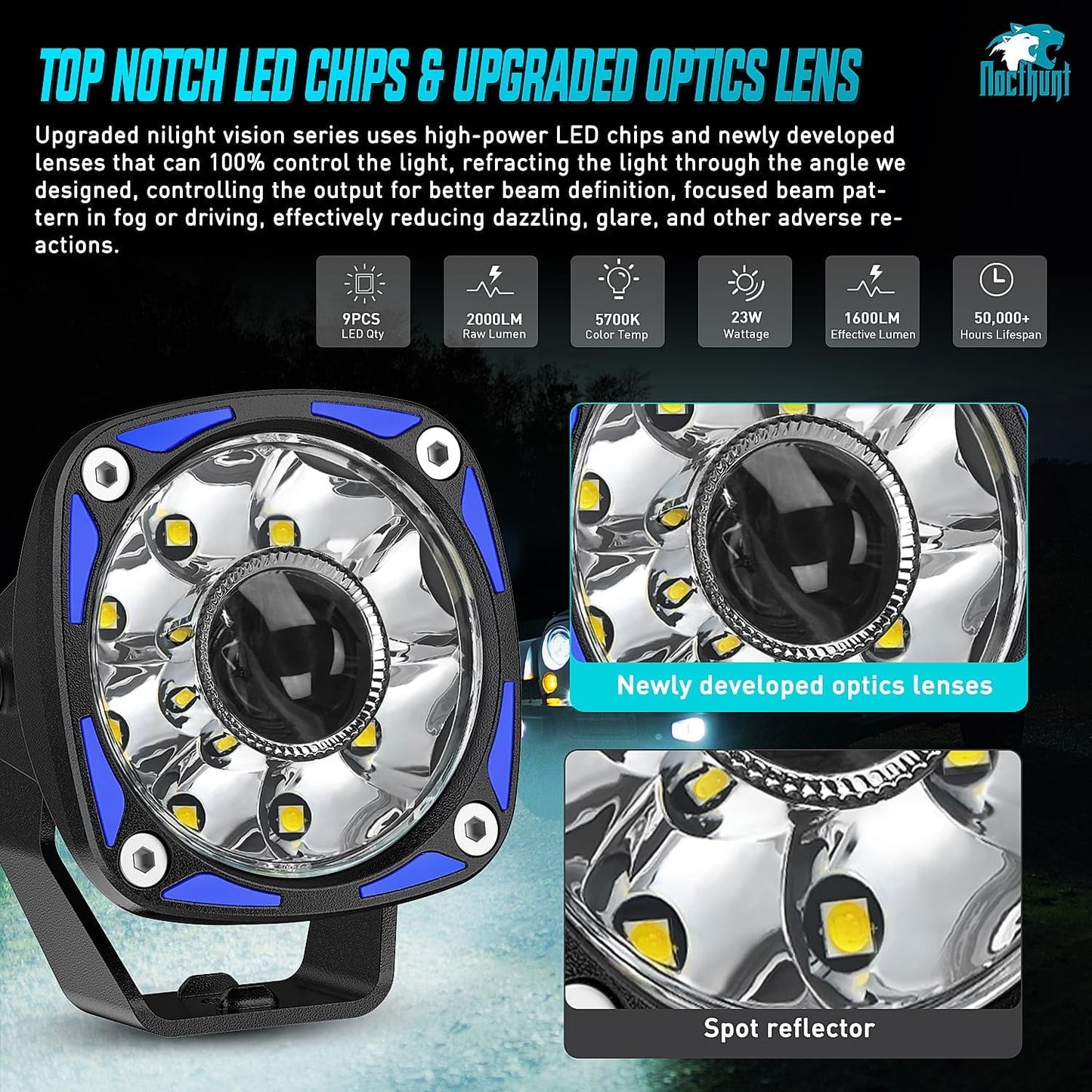 3 "9LED Round LED Off-road driving light 2PCS night vision spotlight auxiliary ditch light with 18AWG rocker switch for truck ATV UTV harness kit