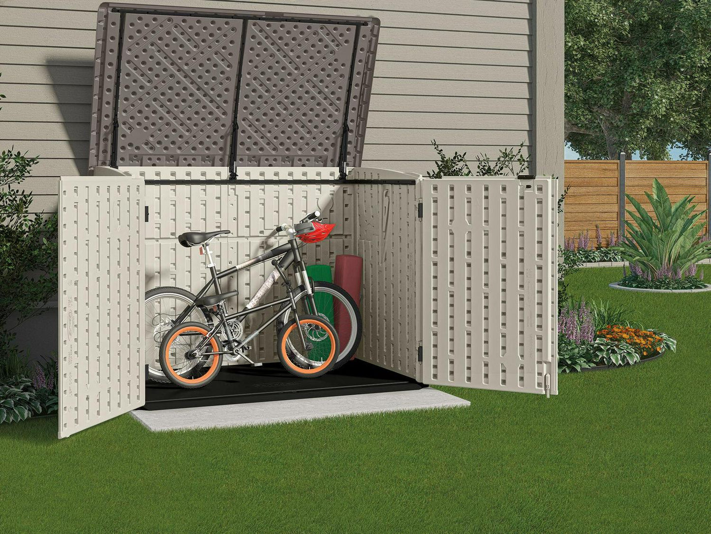 Suncast BMS4700 Resin Storage Shed, Off-White/Gray, 70.5′′W x 44.25′′D x 52′′H, Double Door, UV Resistant