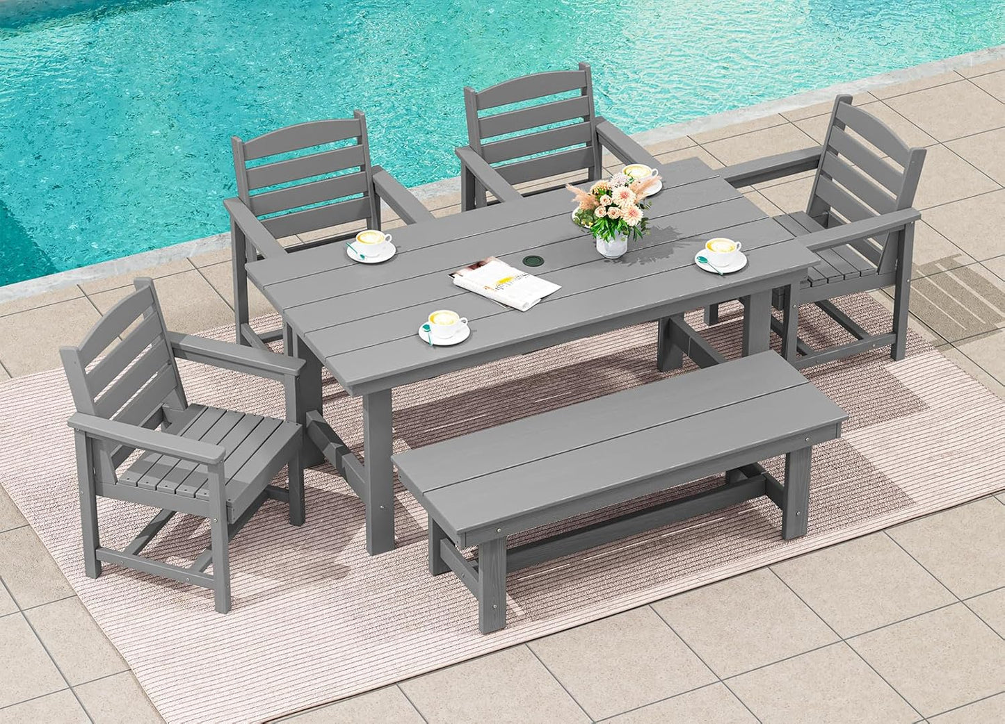 SERWALL 7-Piece Patio Table Set, Outdoor HDPE Dining Furniture with Umbrella Hole, All Weather Table and Chairs for Lawn, Garden, Poolside, Aruba