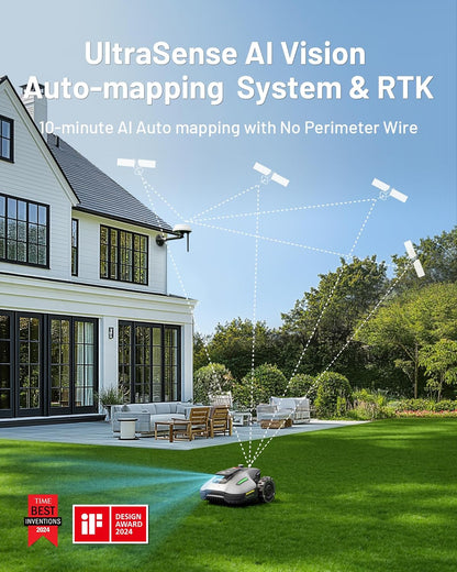 YUKA Mini 500H Robot Lawn Mower Reception 0.12 Acre, Max. 0.17 Acre, Ultrasense AI Vision+ RTK Positioning, Auto Mapping, App Control,45% Slope, Cutting Height 2''~3.5'', 3 Mowing Zones