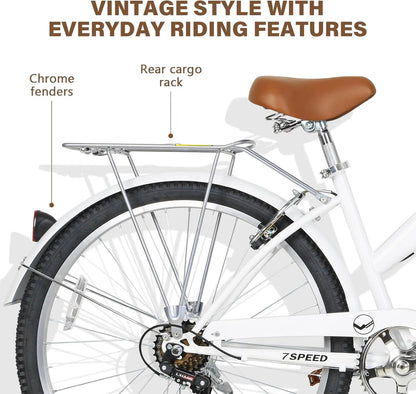 WEIZE Beach Cruiser Bike, 26 inch Commuter Bicycle for Adult Men and Women, 7-Speed/High-Carbon Steel/Front & Rear Fenders, Comfortable City Bikes with Rear Rack or Basket, Ergonomic Upright Design