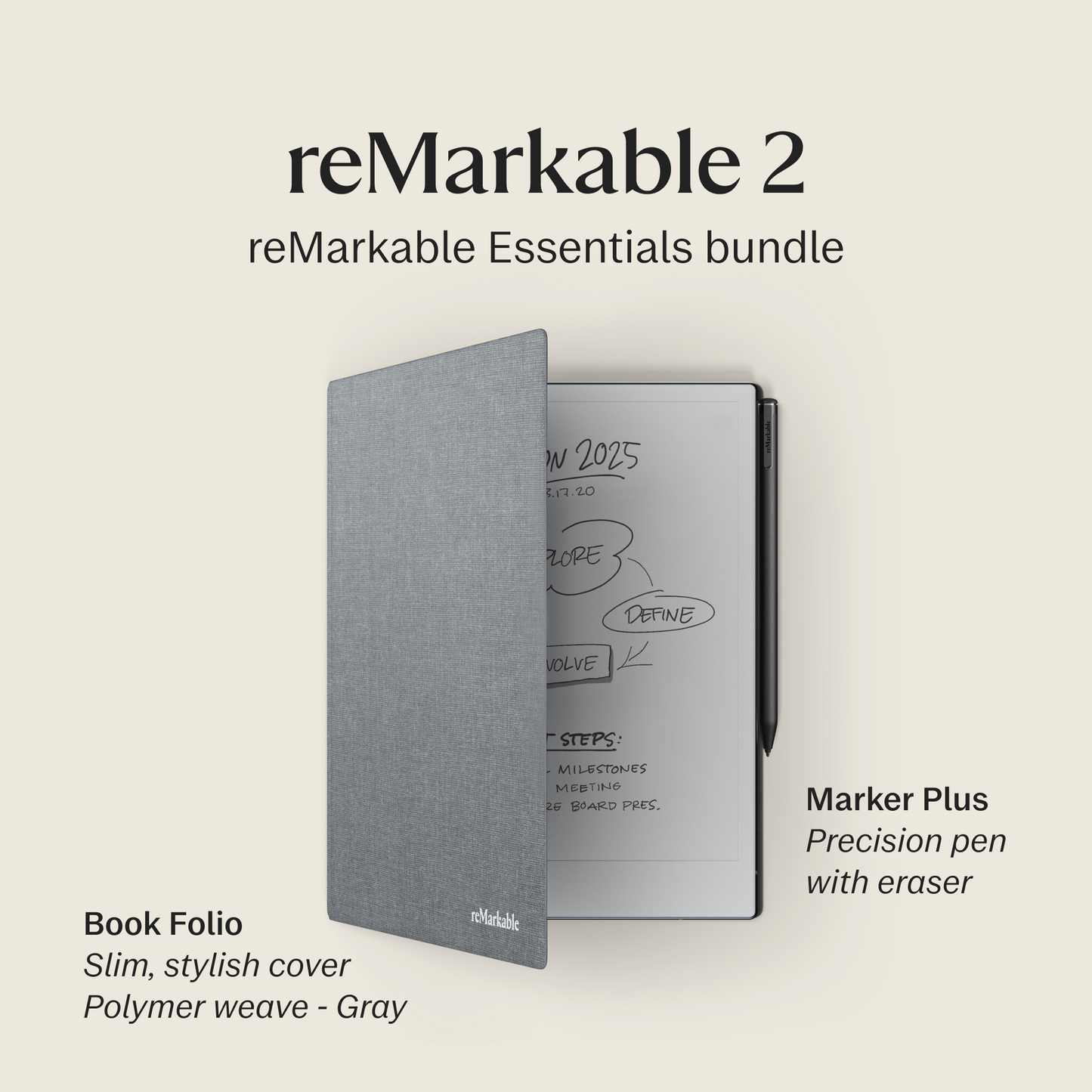 reMarkable 2 – 10.3” Paper Tablet with Marker Plus and Polymer Weave Book Folio – Gray