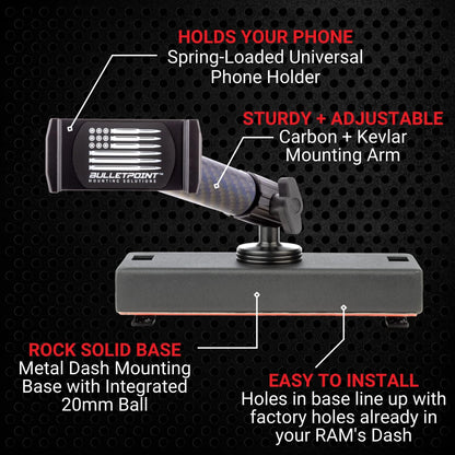 Dash Mount Cell Phone Holder RAM Truck Compatible (2019+ 1500, 2500, 3500 and TRX) with 20mm Ball Mount - Compatible with iPhone and Android Smartphones (Dual Ball with 2 Phone Holders)