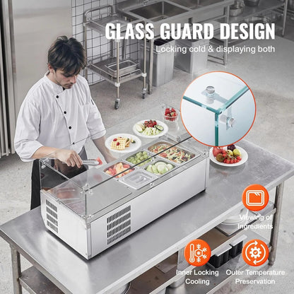 Refrigerated Condiment Prep Station, 135 W Countertop Refrigerated Condiment Station, with 2 1/3 Pans & 4 1/6 Pans, 304 Stainless Body and PC Lid, Sandwich Prep Table with Stainless Guard, ETL