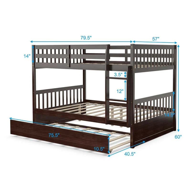 Solid Wood Full Over Full Bunk Bed Frame With Trundle Safety Ladder Amp Guardrails Convertible Bunk Bed For Kids Teens