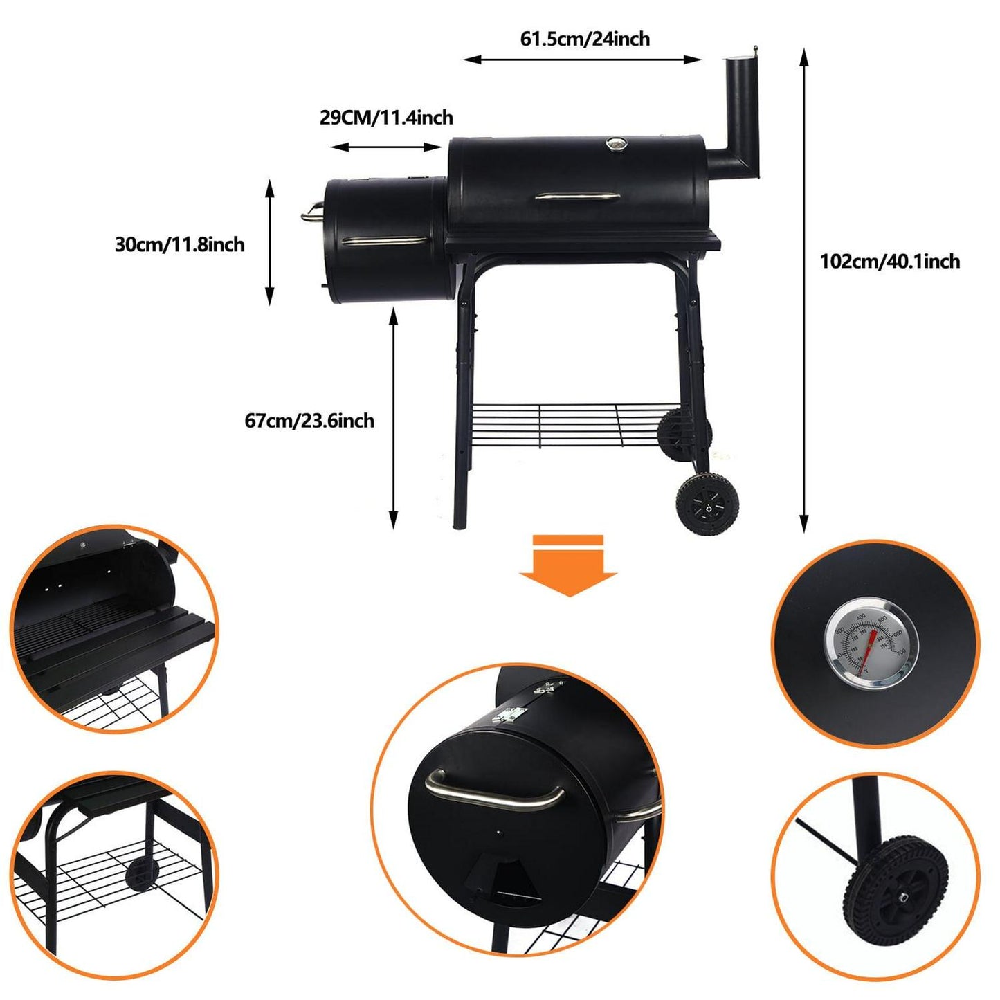 Vebreda Portable Charcoal BBQ Grill with Offset Smoker, Steel, Black, Thermometer, Wheels