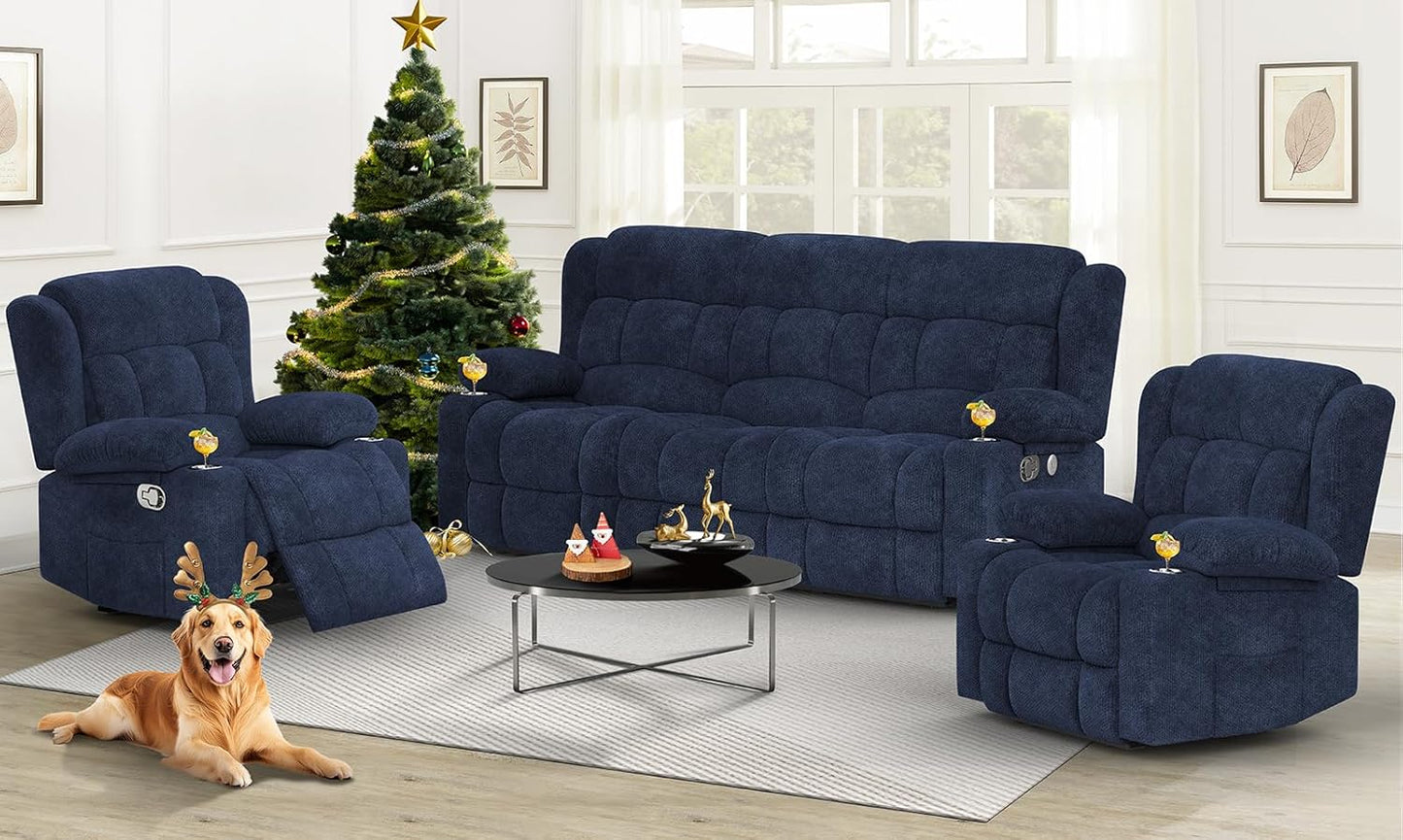 3 Seat Reclining Sofa with Storage Drawer USB Ports & Cup Holders Manual Couch