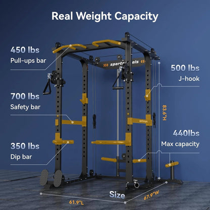 Sportsroyals Power Cage,1600lbs Multi-Function Power Rack with Adjustable Cable Crossover System and More Training Attachment, Weight Cage for Home Gym