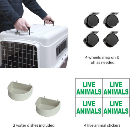 Designs Plastic Kennels Rolling Plastic Airline Approved Wire Door Travel Dog Crate, XXX-Large, Gray