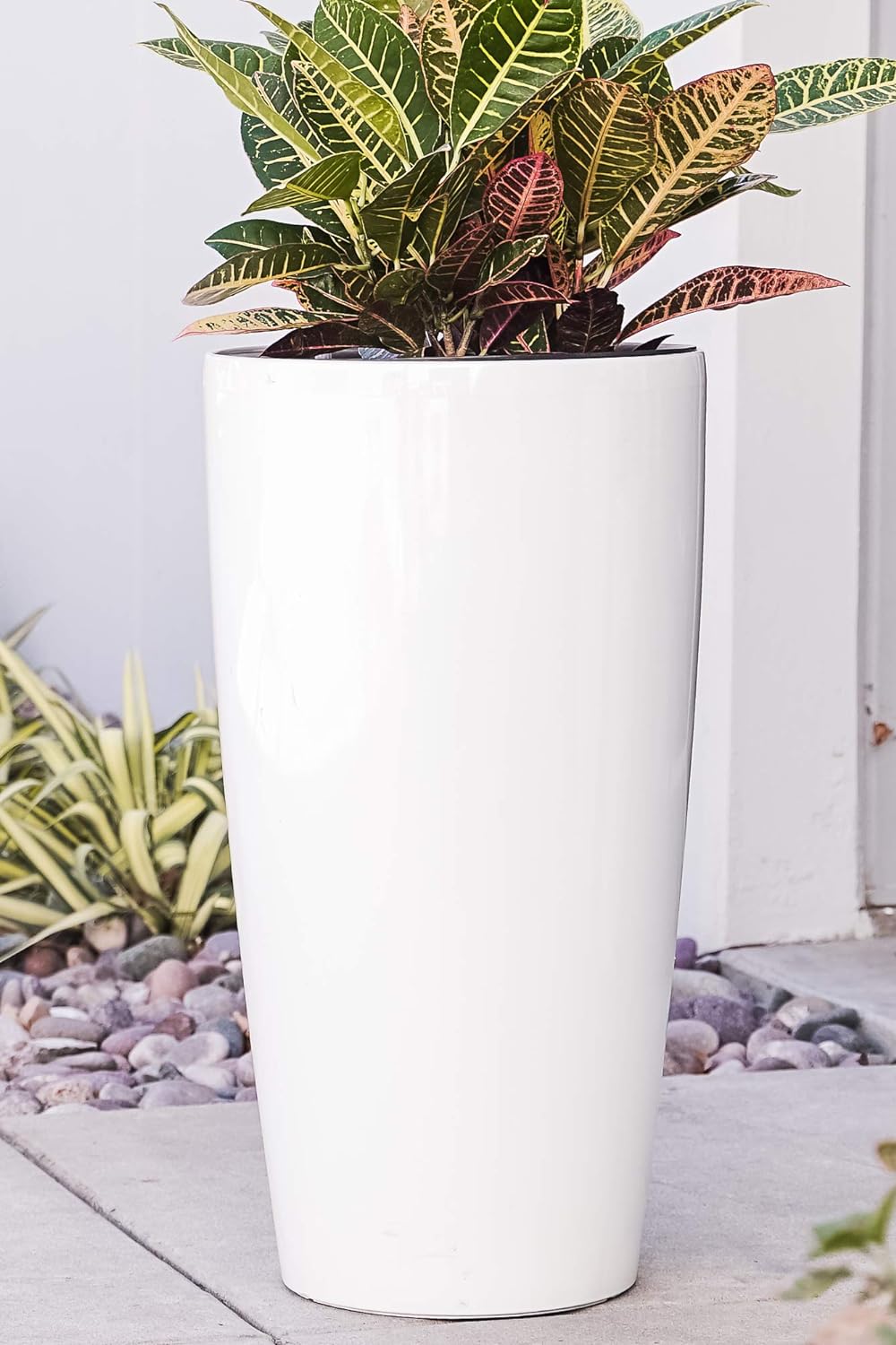 Nested Plastic Self Watering Indoor Outdoor Tall Round Planter Pot, Set of 2, 29.5 Inch Tall, White