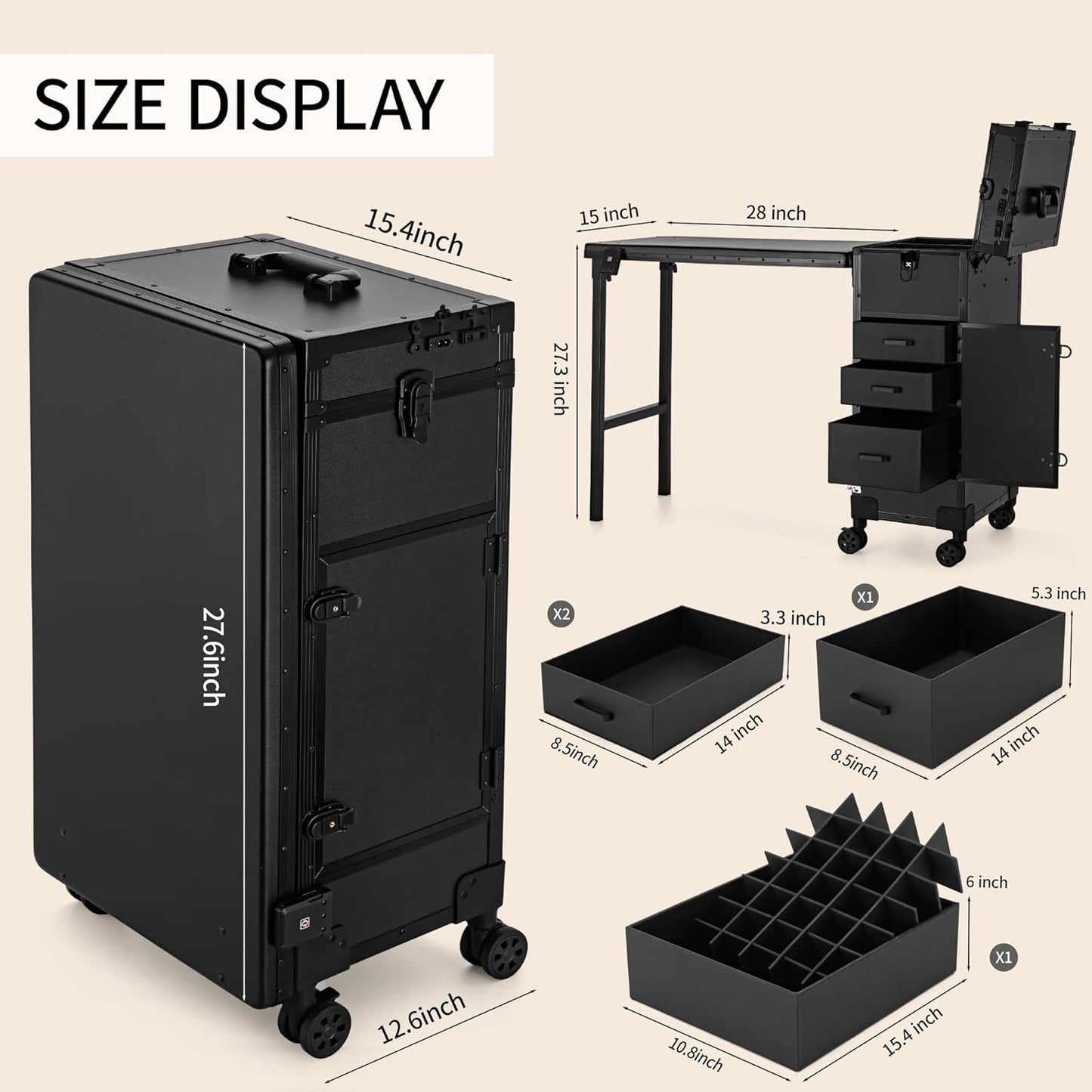 Rolling Manicure Table with Drawers, Bluetooth Speaker, LED Mirror, TSA Lock