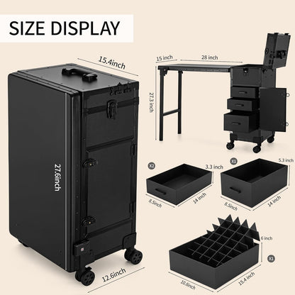 Rolling Manicure Table with Drawers, Bluetooth Speaker, LED Mirror, TSA Lock
