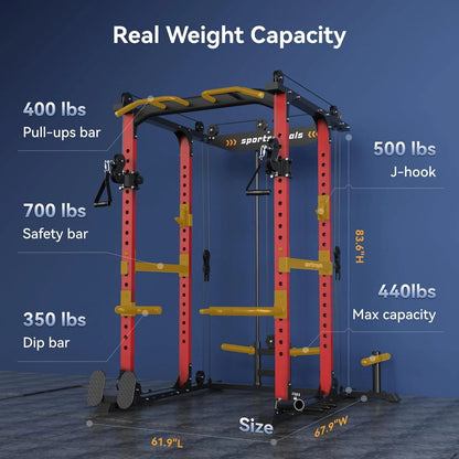 Sportsroyals Power Cage,1600lbs Multi-Function Power Rack with Adjustable Cable Crossover System and More Training Attachment, Weight Cage for Home Gym