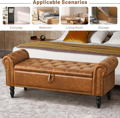 Furniliving Modern Storage Ottoman Bench, Sherpa Ottoman End of Bed Bench with Solid Wood Legs Upholstered Ottoman Benches with Storage Indoor Bench for Living Room with Rolled Arm, Entryway, White