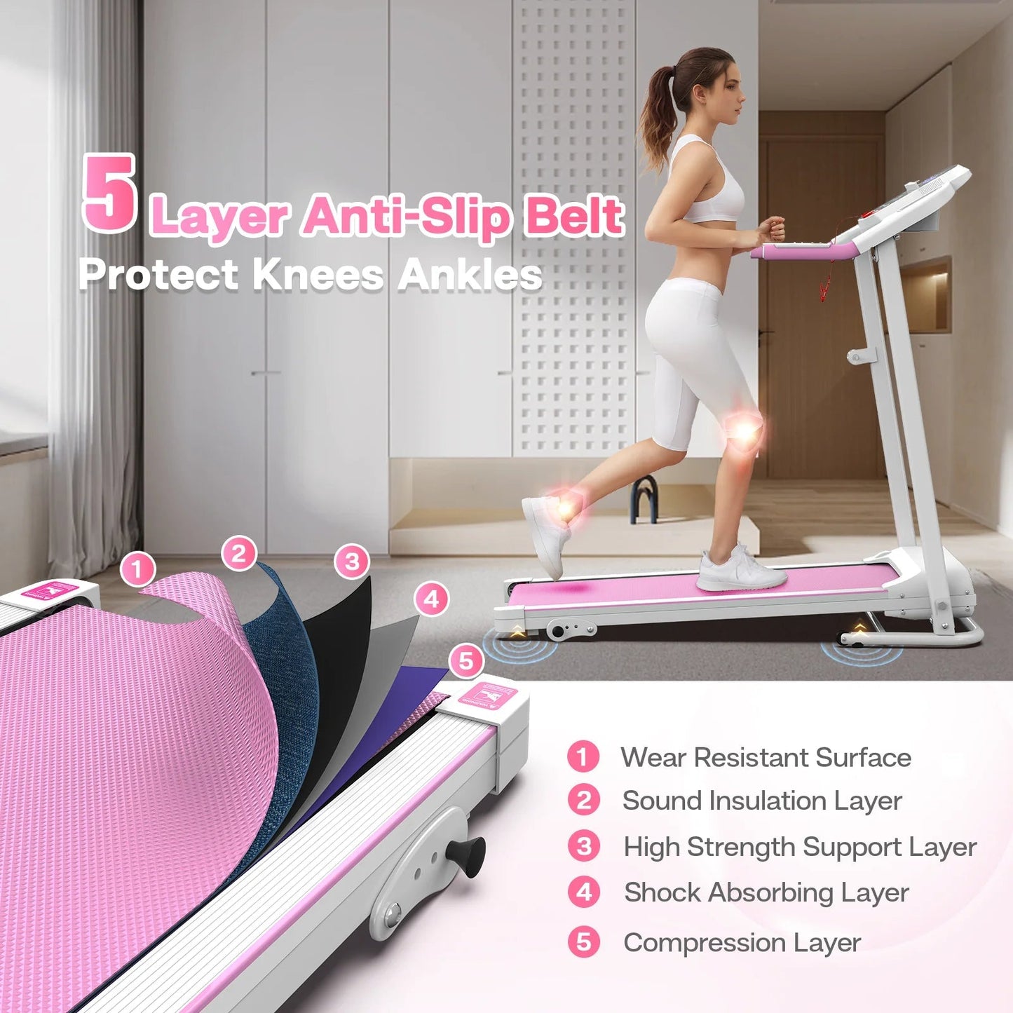 FYC Foldable Treadmills for Home, 2.5 HP, 7.5 MPH, Electric Running Treadmill Quiet Brushless Proform Treadmill for Home Gym, Running Machine with Heart Rate Sensor with LED Display (Pink)