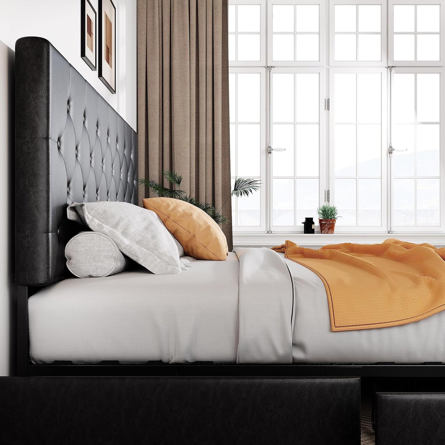 Allewie Upholstered Queen Size Platform Bed Frame with 4 Storage Drawers and Headboard, Square Stitched Button Tufted, Mattress Foundation with Wooden Slats Support, No Box Spring Needed, Light Grey