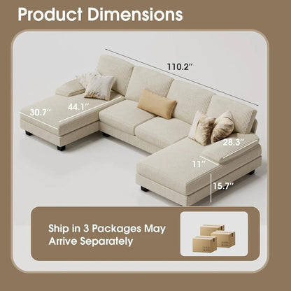 Furmax Sectional Couches for Living Room, U-Shaped Sofa Couch with Linen Fabric, 4 Seat Sofa Set with Double Chaise for Apartment (Fabric, Grey)