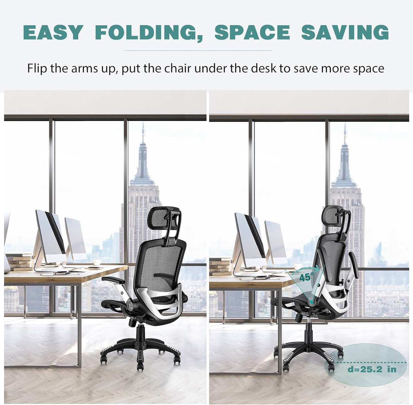 Ergonomic Mesh Office Chair, High Back Desk Chair - Adjustable Headrest with Flip Arm, Tilt Function, Lumbar Support and PU Wheels, Swivel Computer Work Chair