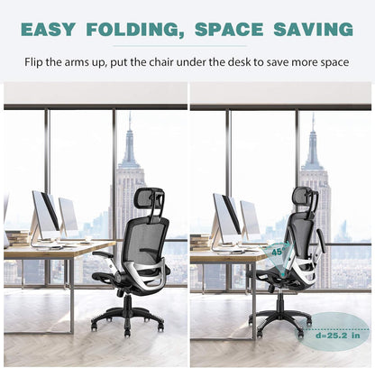 Ergonomic Mesh Office Chair, High Back Desk Chair - Adjustable Headrest with Flip Arm, Tilt Function, Lumbar Support and PU Wheels, Swivel Computer Work Chair