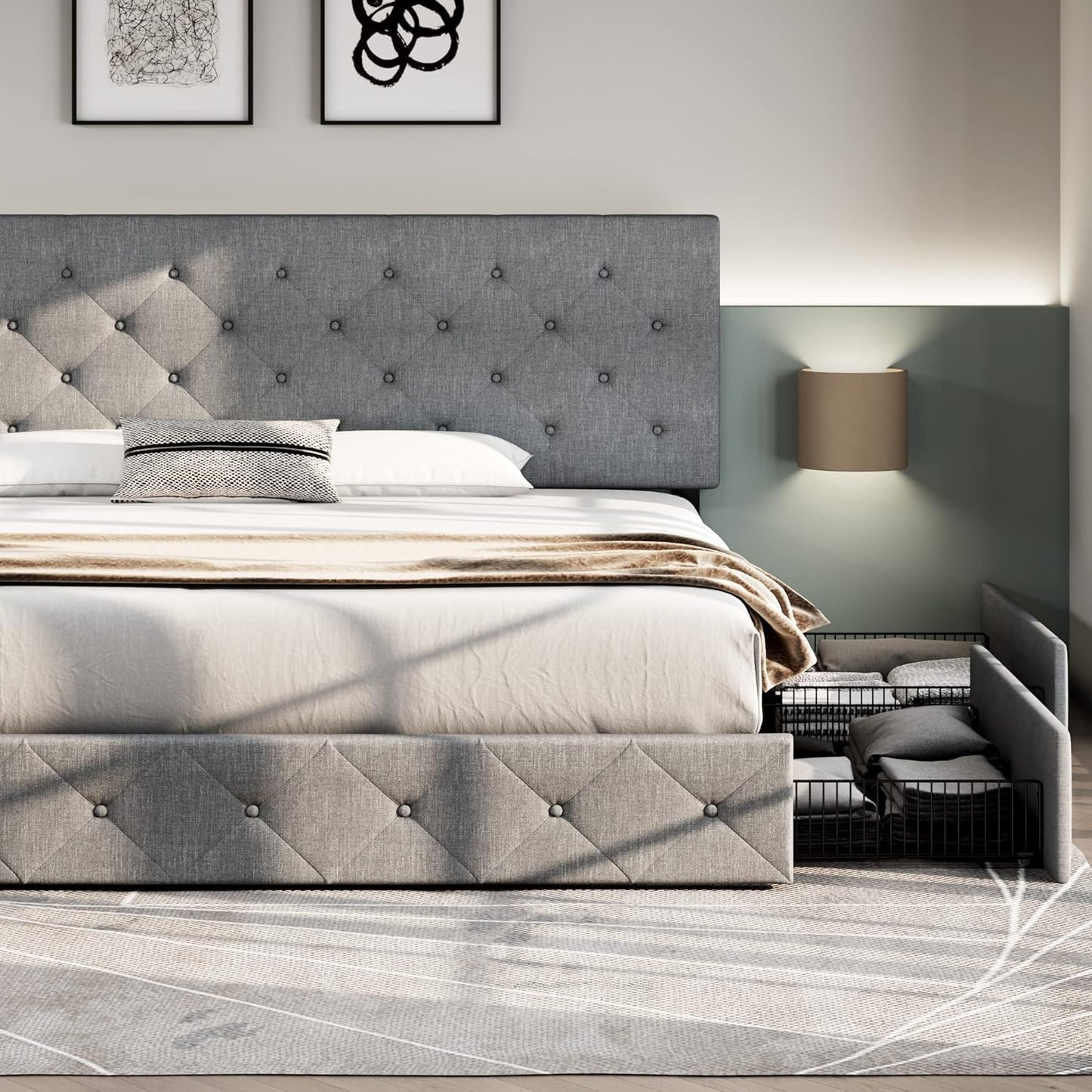 Allewie Upholstered Queen Size Platform Bed Frame with 4 Storage Drawers and Headboard, Square Stitched Button Tufted, Mattress Foundation with Wooden Slats Support, No Box Spring Needed, Light Grey
