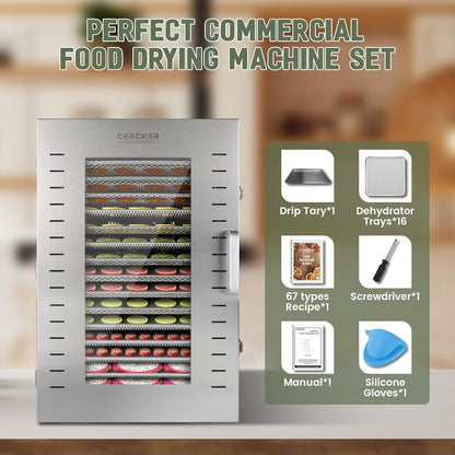 Commercial Food Dehydrator 16 Trays 1500W 70-190°F Large