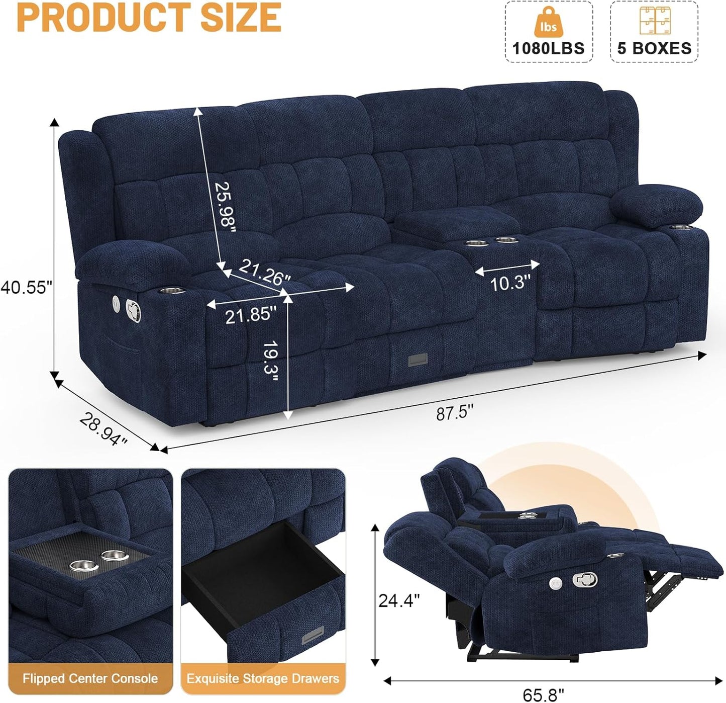 3 Seat Reclining Sofa with Storage Drawer USB Ports & Cup Holders Manual Couch