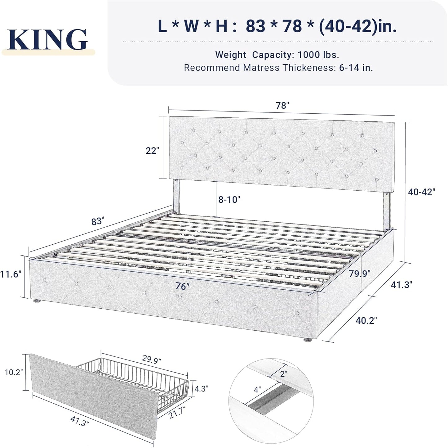 Allewie Upholstered Queen Size Platform Bed Frame with 4 Storage Drawers and Headboard, Square Stitched Button Tufted, Mattress Foundation with Wooden Slats Support, No Box Spring Needed, Light Grey