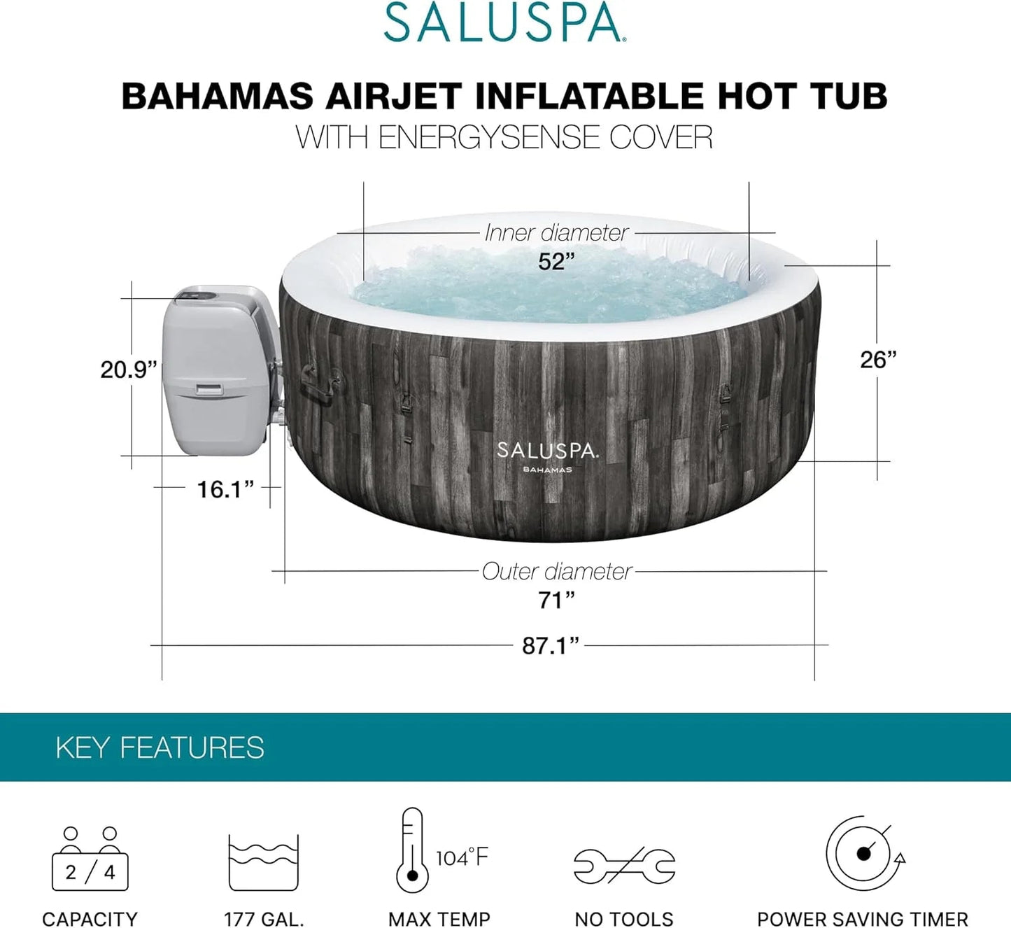 Bestway SaluSpa Fiji AirJet Large Round 2 to 4 Person Inflatable Hot Tub Portable Outdoor Spa with 120 AirJets and EnergySense Cover, Grey