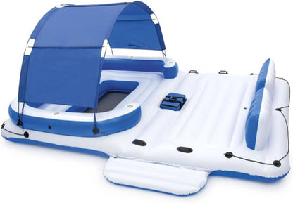 Tropical Breeze 6 Person Inflatable Party Island Large Relaxing Water Float with Detachable Sunshade and Cooler Bag