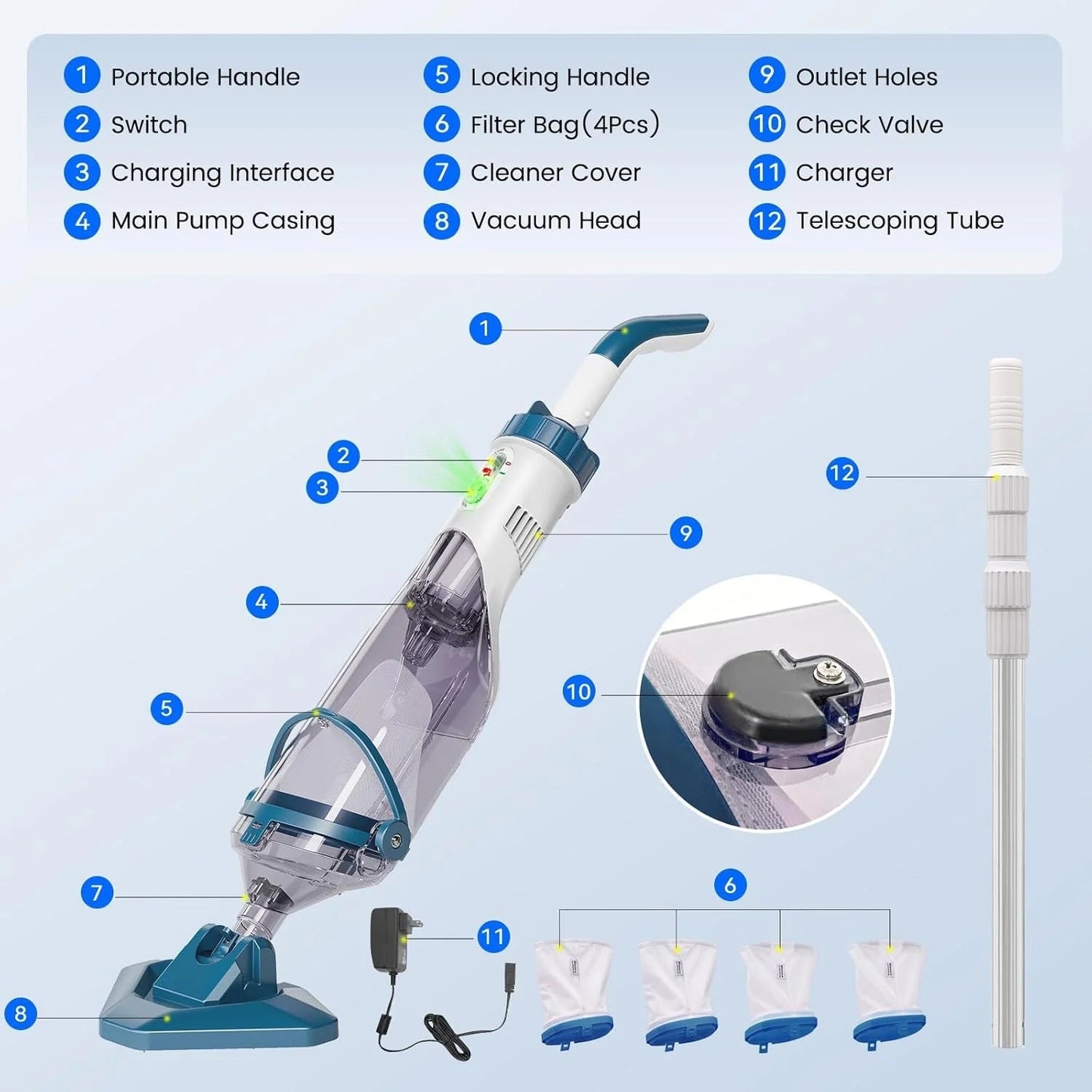 Pool Vacuum for Above Ground Pool with a Telescopic Pole, Running time up to 1H, T403 Handheld Rechargeable Pool Cleaner with Powerful Suction up to 18.5 gallons/min, Ideal for Leaves, Debris