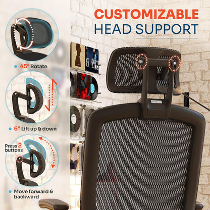 GABRYLLY Ergonomic Office Chair, High Back Home Desk Chair with Headrest, Flip-Up Arms, 90-120° Tilt Lock and Wide Cushion, Big and Tall Mesh Chairs for Man Woman, Black Task Chair