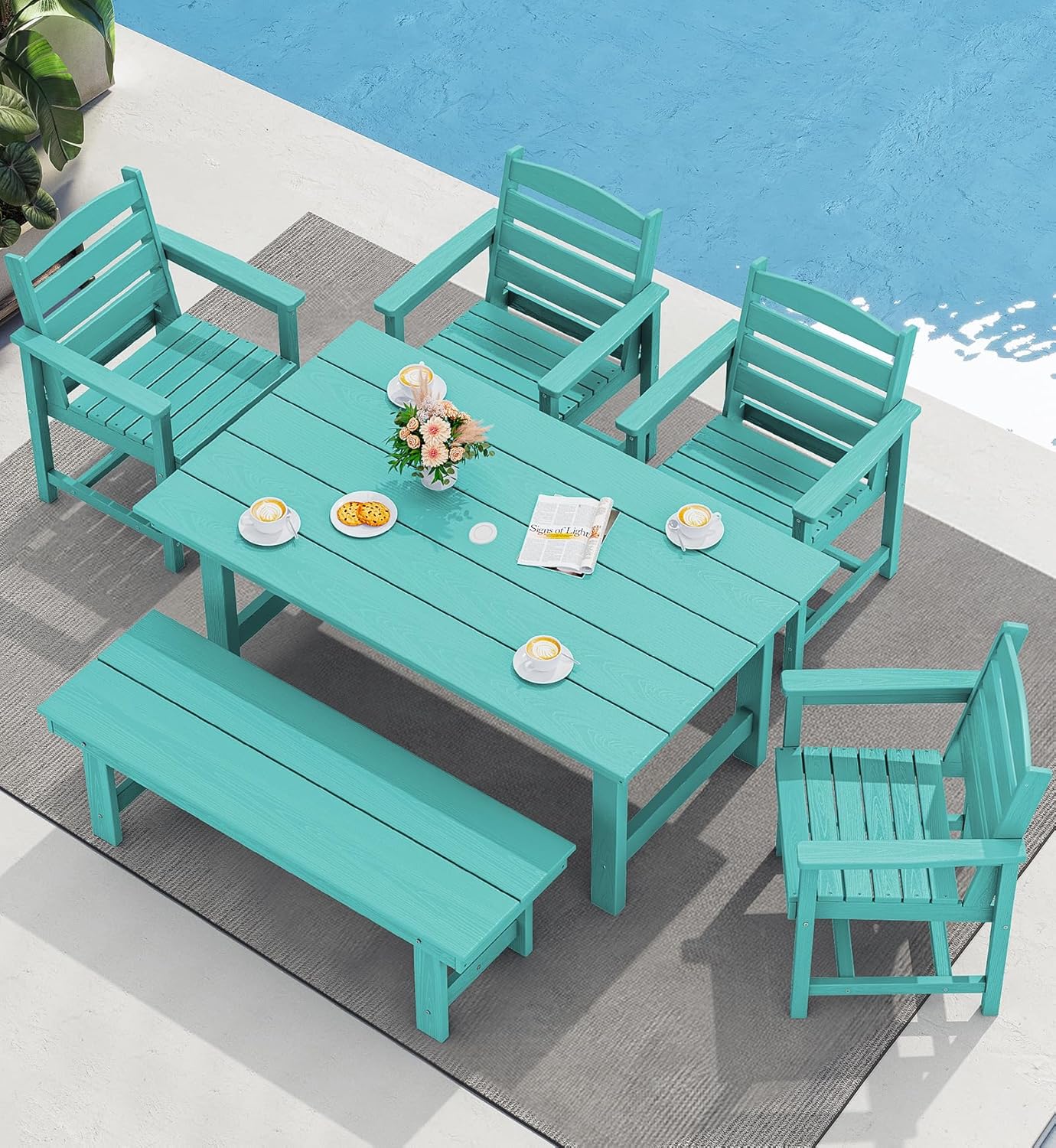 SERWALL 7-Piece Patio Table Set, Outdoor HDPE Dining Furniture with Umbrella Hole, All Weather Table and Chairs for Lawn, Garden, Poolside, Aruba