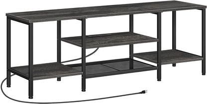 TV Stand with Power Outlets to 75 Inches, TV Console Table with Open Storage Shelves Cabinet, Industrial Media Entertainment Center for Living Room Bedroom, Rustic Brown and Black BF60DS01