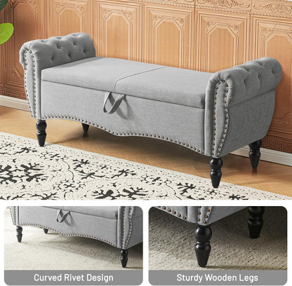 Furniliving Modern Storage Ottoman Bench, Sherpa Ottoman End of Bed Bench with Solid Wood Legs Upholstered Ottoman Benches with Storage Indoor Bench for Living Room with Rolled Arm, Entryway, White