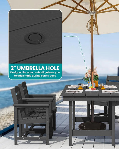 SERWALL 7-Piece Patio Table Set, Outdoor HDPE Dining Furniture with Umbrella Hole, All Weather Table and Chairs for Lawn, Garden, Poolside, Aruba