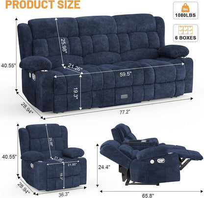 3 Seat Reclining Sofa with Storage Drawer USB Ports & Cup Holders Manual Couch