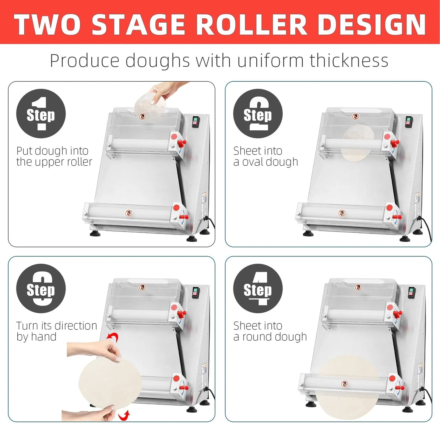 Commercial Pizza Dough Roller Sheeter, Max 16, Automatic 370W Electric Pizza Dough Roller, Stainless Steel, Suitable for Noodle, Pizza Bread and Pasta Maker Equipment