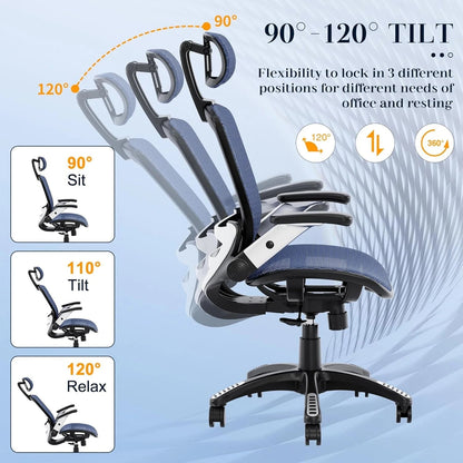 GABRYLLY Ergonomic Office Chair, High Back Home Desk Chair with Headrest, Flip-Up Arms, 90-120° Tilt Lock and Wide Cushion, Big and Tall Mesh Chairs for Man Woman, Black Task Chair