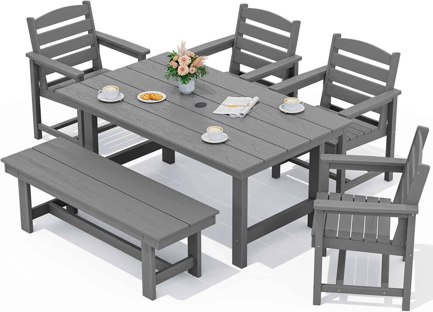 SERWALL 7-Piece Patio Table Set, Outdoor HDPE Dining Furniture with Umbrella Hole, All Weather Table and Chairs for Lawn, Garden, Poolside, Aruba