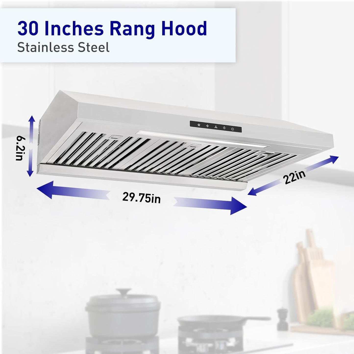 Powerful 30 Inch Under Cabinet Range Hood With Seamless Stainless Steel Body, Twin Turbo Motors, 3 Speed Touch Screen, Round Vent, Baffle Filters, LED Lights, Oil Collector
