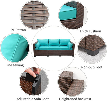 WAROOM Patio Couch PE Wicker 3-Seat Outdoor Brown Rattan Sofa Deep Seating Furniture with Non-Slip Beige Cushion