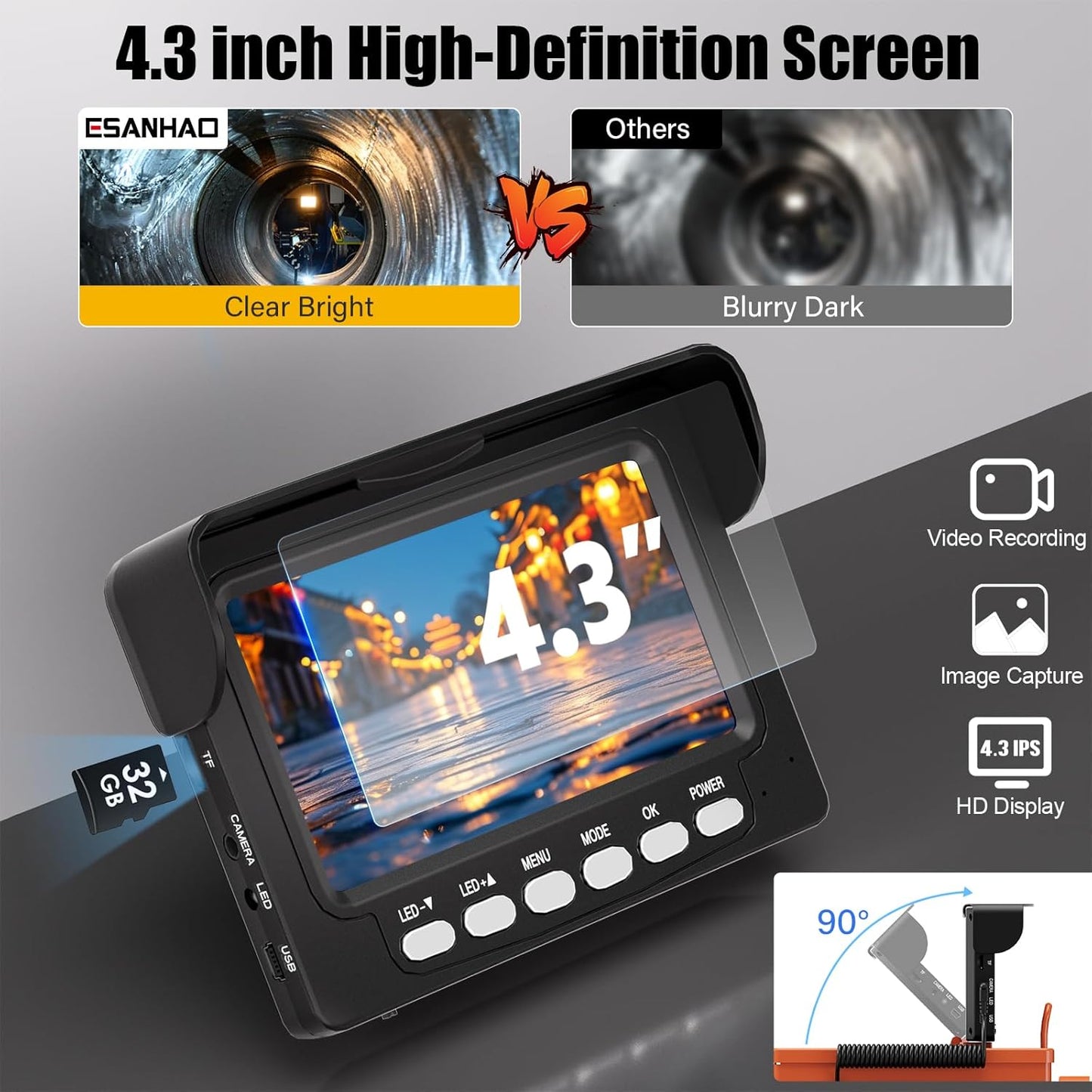 Sewer Inspection Camera, 100FT, DVR, Audio, 4.3" Screen