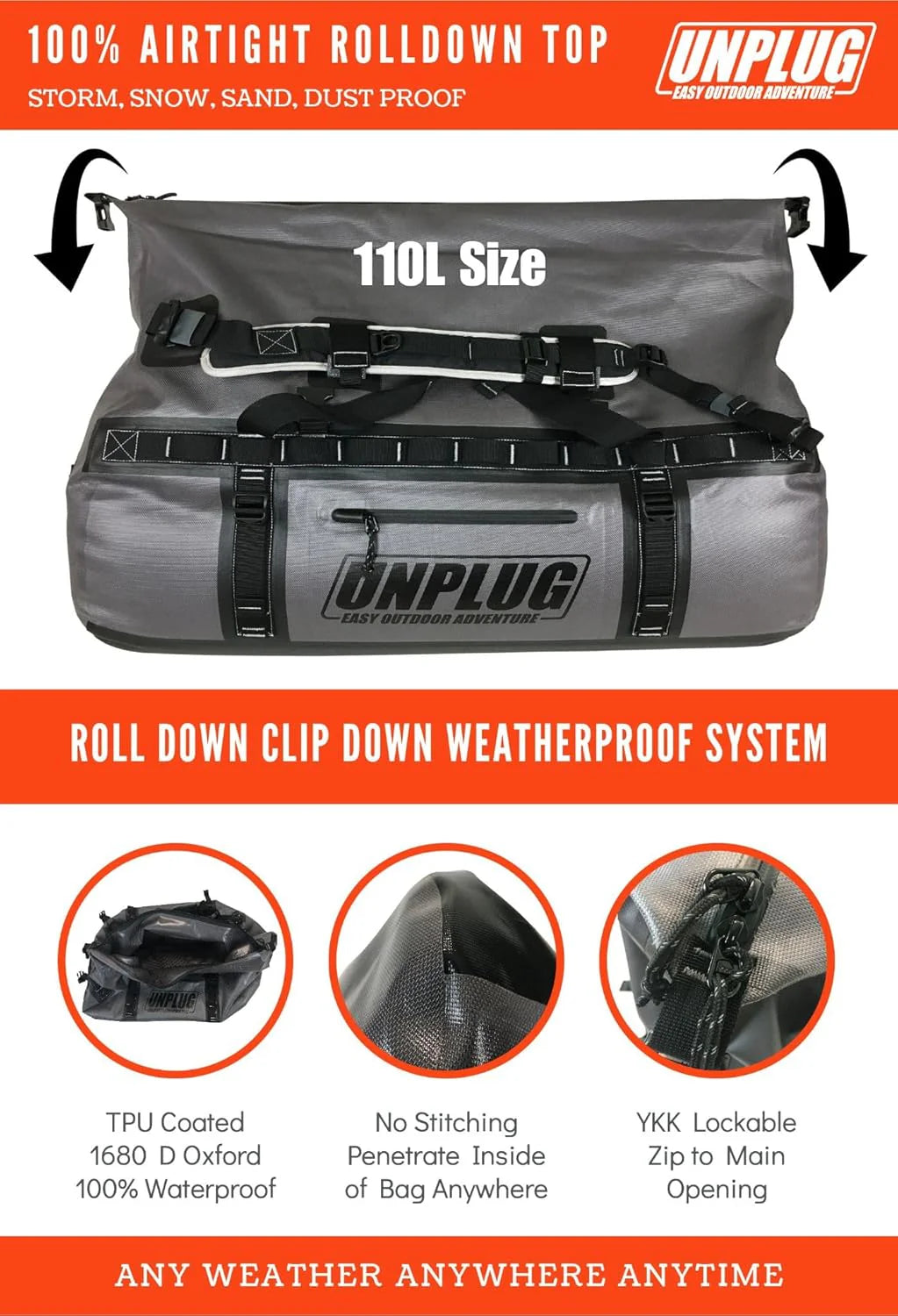 UNPLUG Ultimate Adventure Bag -1680D Heavy Duty Waterproof Travel Duffel Bags for Camping, Motorcycle Dry Bag, Waterproof Bags for Boating, Waterproof Duffle Backpack,Tactical Duffle Bag
