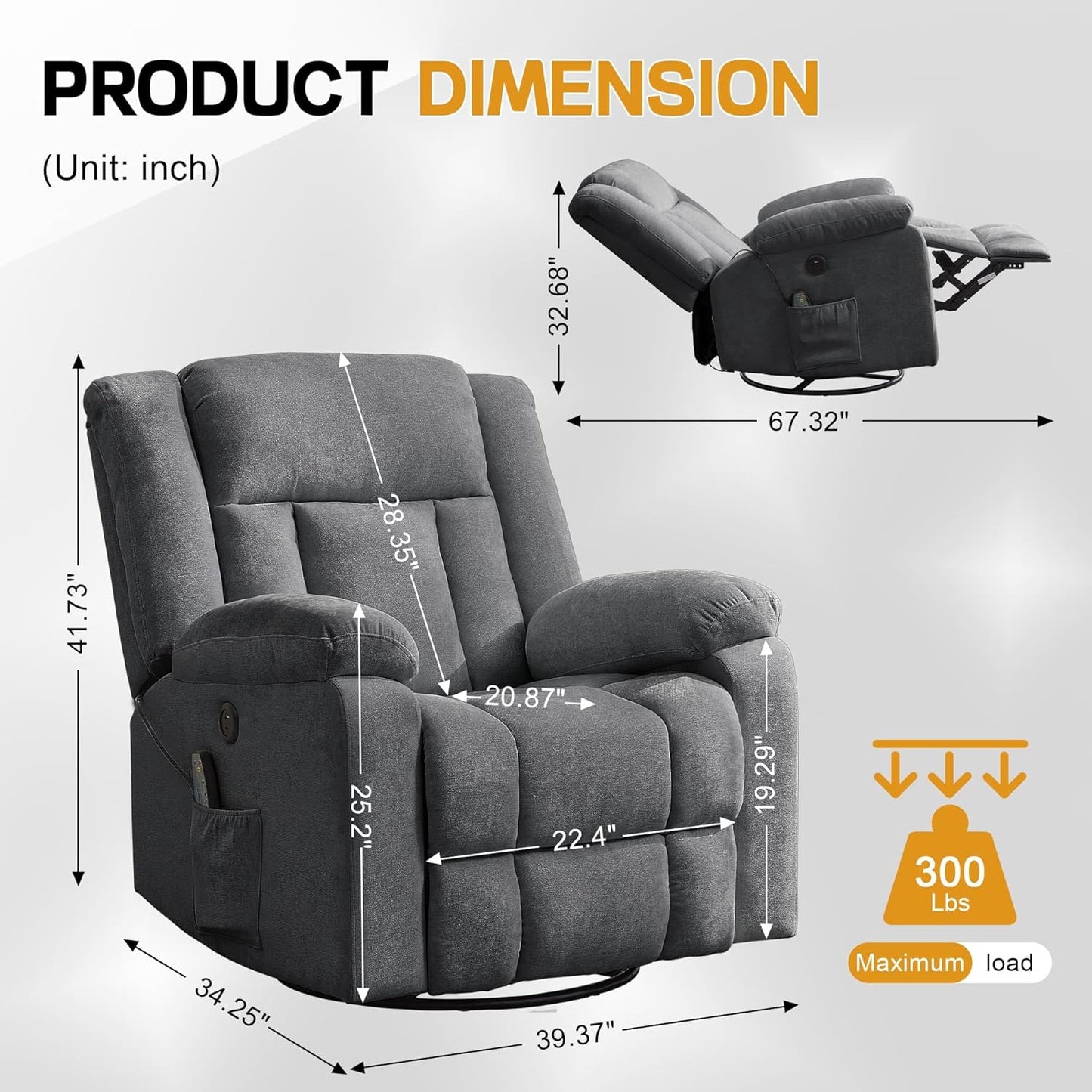 Rocker Recliner, Glider Recliner Chairs for Adults, 360° Swivel Rocking Chair with Massage and Heating, Nursery Chair with Storage and USB Charging for Living Room, Bedroom, Nursery