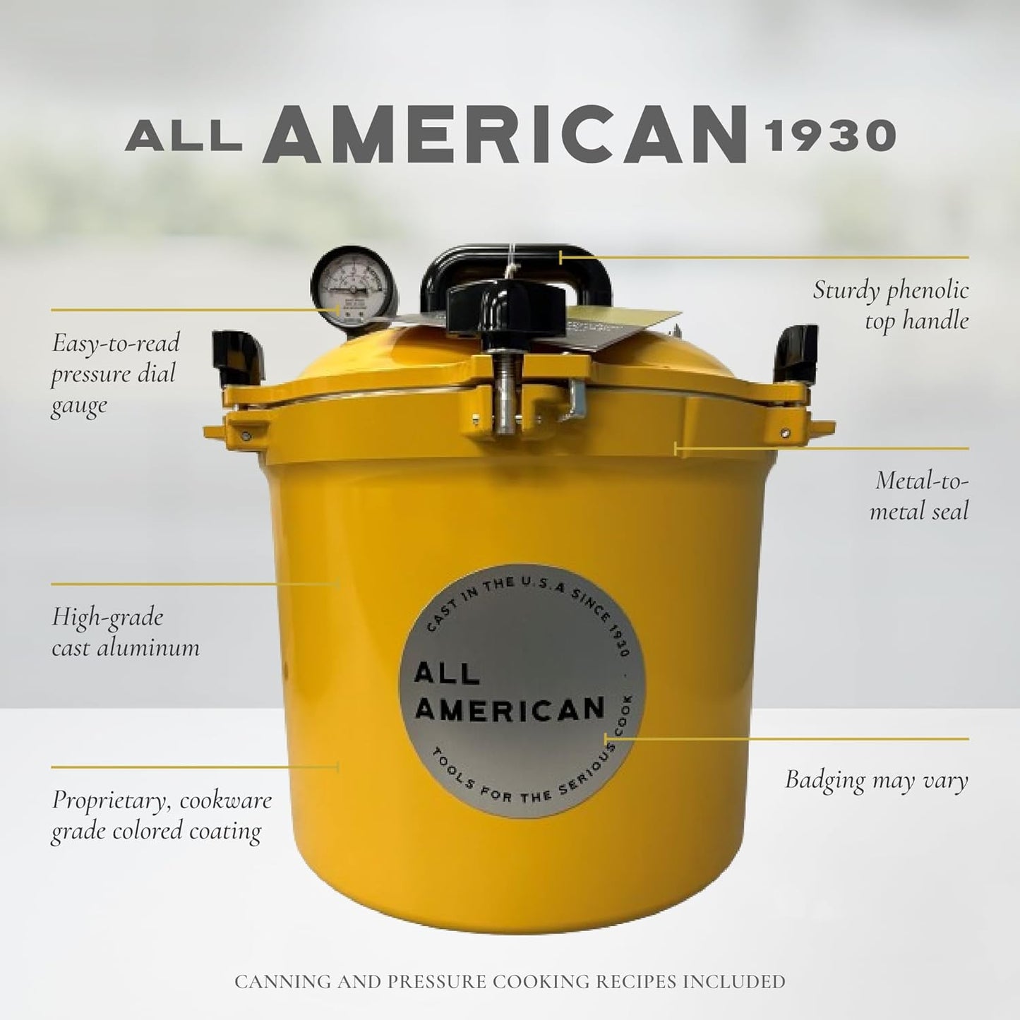 All American 1930: 21.5qt Pressure Cooker/Canner (The 921) – Exclusive Metal to Metal Sealing System – Easy to Open & Close – Suitable for Gas, Electric, or Flat Top Stoves – Made in the USA