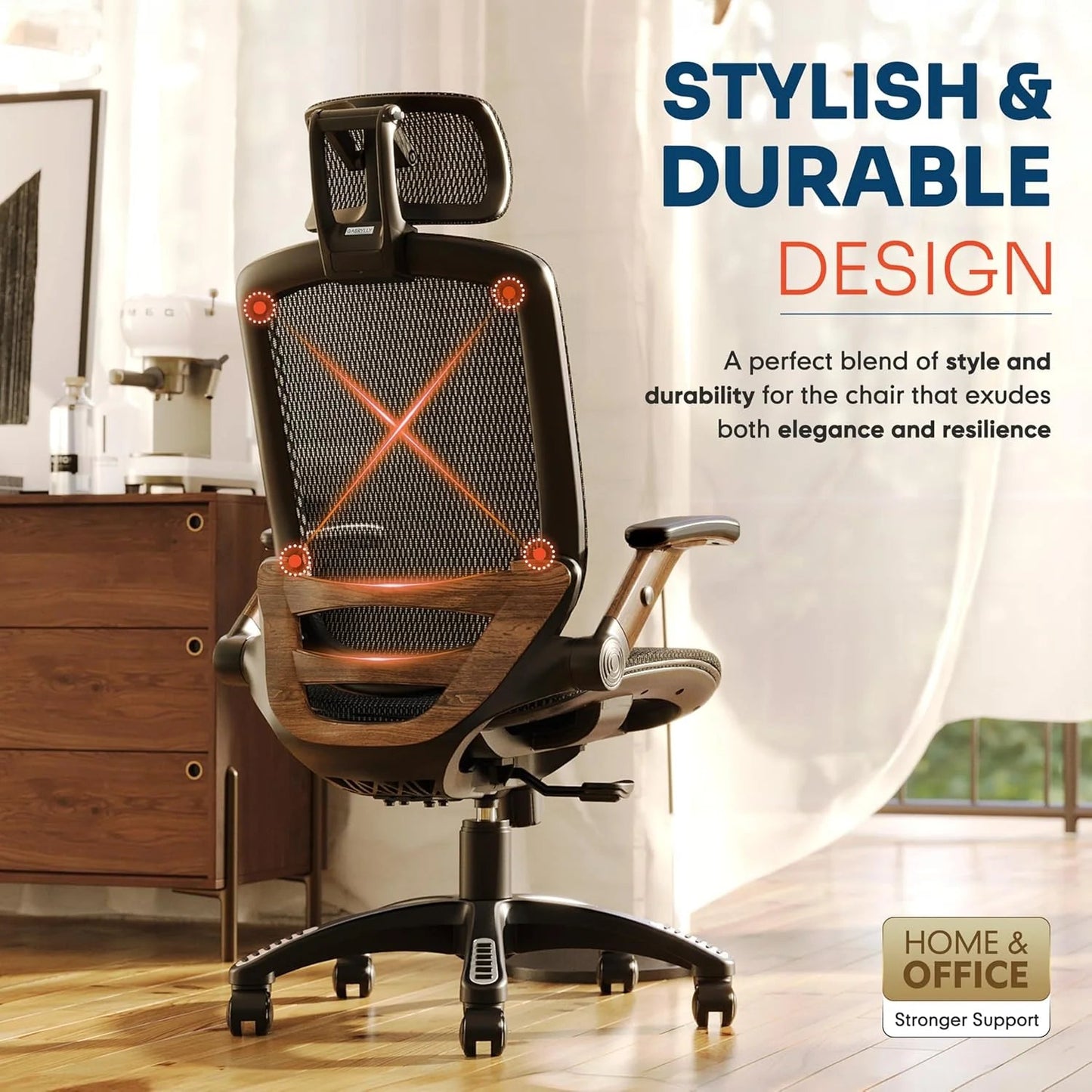 GABRYLLY Ergonomic Office Chair, High Back Home Desk Chair with Headrest, Flip-Up Arms, 90-120° Tilt Lock and Wide Cushion, Big and Tall Mesh Chairs for Man Woman, Black Task Chair
