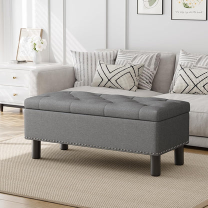 Furniliving Modern Storage Ottoman Bench, Sherpa Ottoman End of Bed Bench with Solid Wood Legs Upholstered Ottoman Benches with Storage Indoor Bench for Living Room with Rolled Arm, Entryway, White