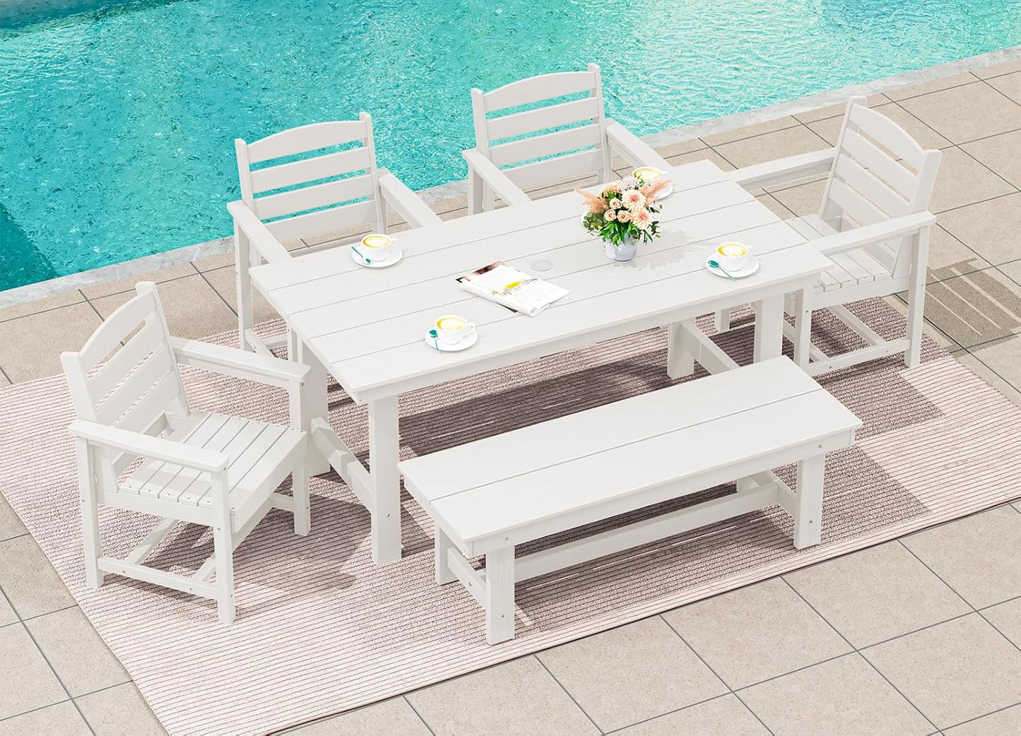 SERWALL 7-Piece Patio Table Set, Outdoor HDPE Dining Furniture with Umbrella Hole, All Weather Table and Chairs for Lawn, Garden, Poolside, Aruba