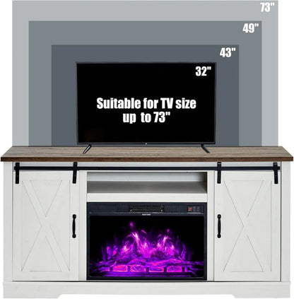 AMERLIFE Fireplace TV Stand with Sliding Barn Door for TVs up to 73", Farmhouse 63" Fireplace Entertainment Center with Storage Cabinets/Adjustable Shelves