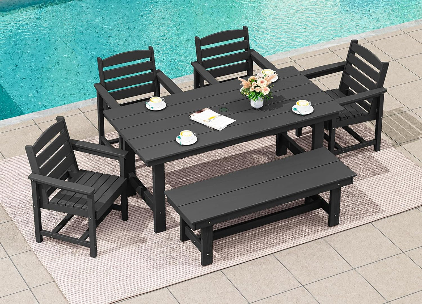 SERWALL 7-Piece Patio Table Set, Outdoor HDPE Dining Furniture with Umbrella Hole, All Weather Table and Chairs for Lawn, Garden, Poolside, Aruba
